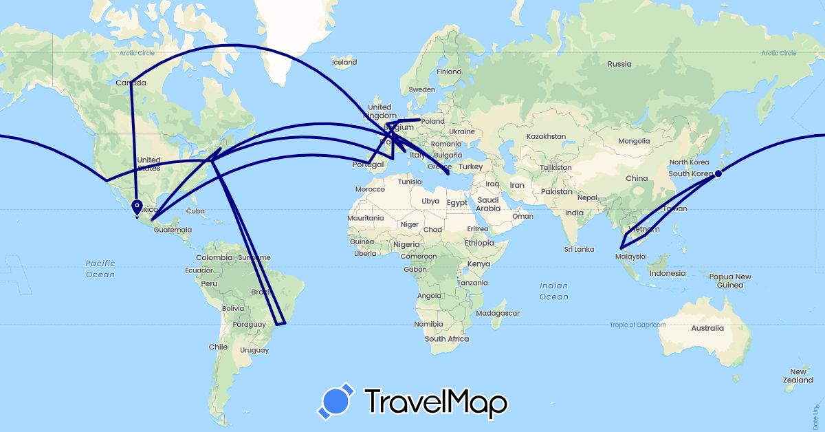 TravelMap itinerary: driving in Brazil, Canada, Germany, Spain, France, United Kingdom, Greece, Ireland, Japan, Mexico, Netherlands, Portugal, Thailand, United States, Vietnam (Asia, Europe, North America, South America)